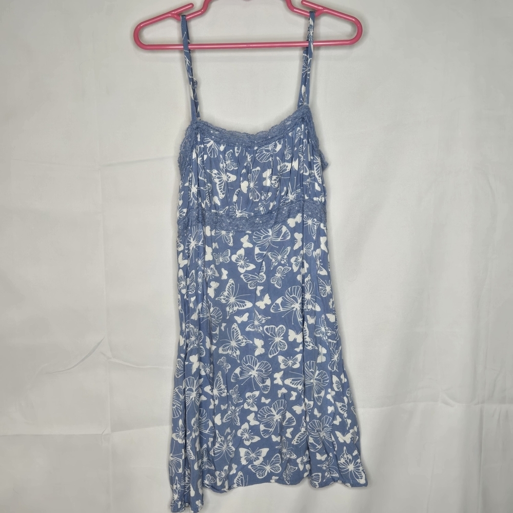 Art Class Girls Blue Butterfly Print Lace Trim Dress Size Small (6/7)
